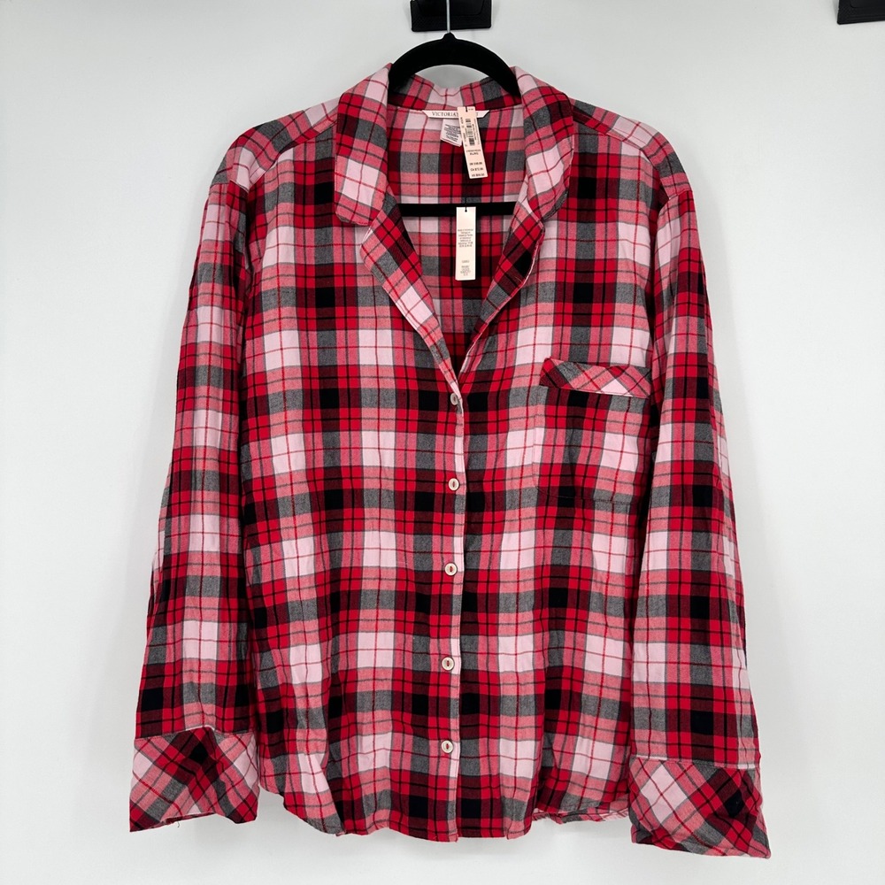 NEW Victoria's Secret Red Pink Plaid Flannel Button Front Pajama Long Sleeve  XL